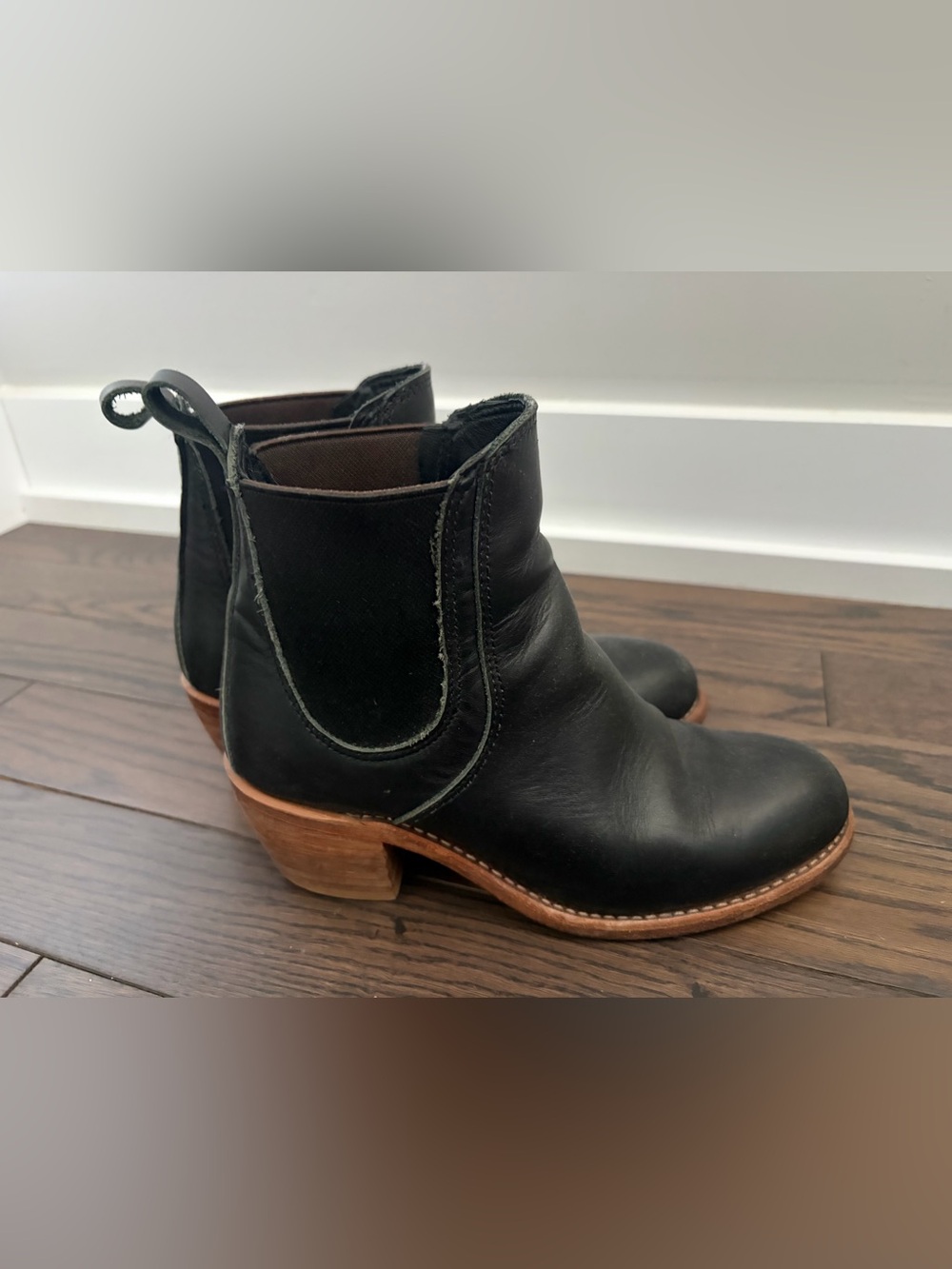Black Leather Chelsea Booties with Wood Heel